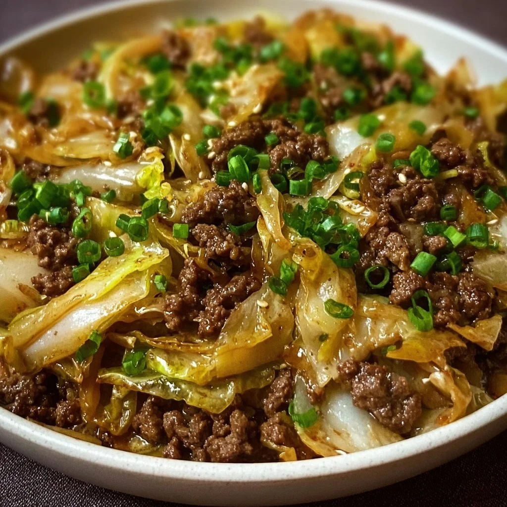 A colorful plate of ground beef and cabbage stir-fry garnished with herbs.