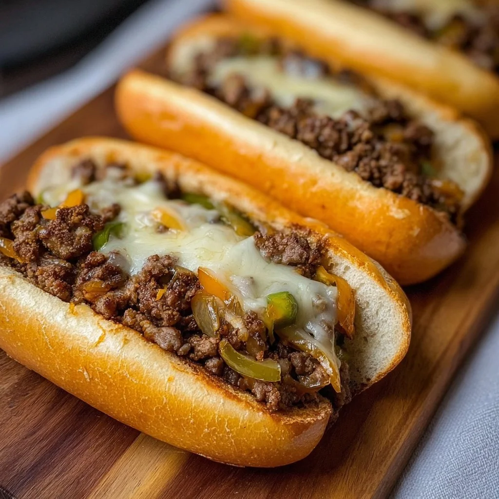 Ground Beef Philly Cheesesteaks with melted cheese and fresh toppings