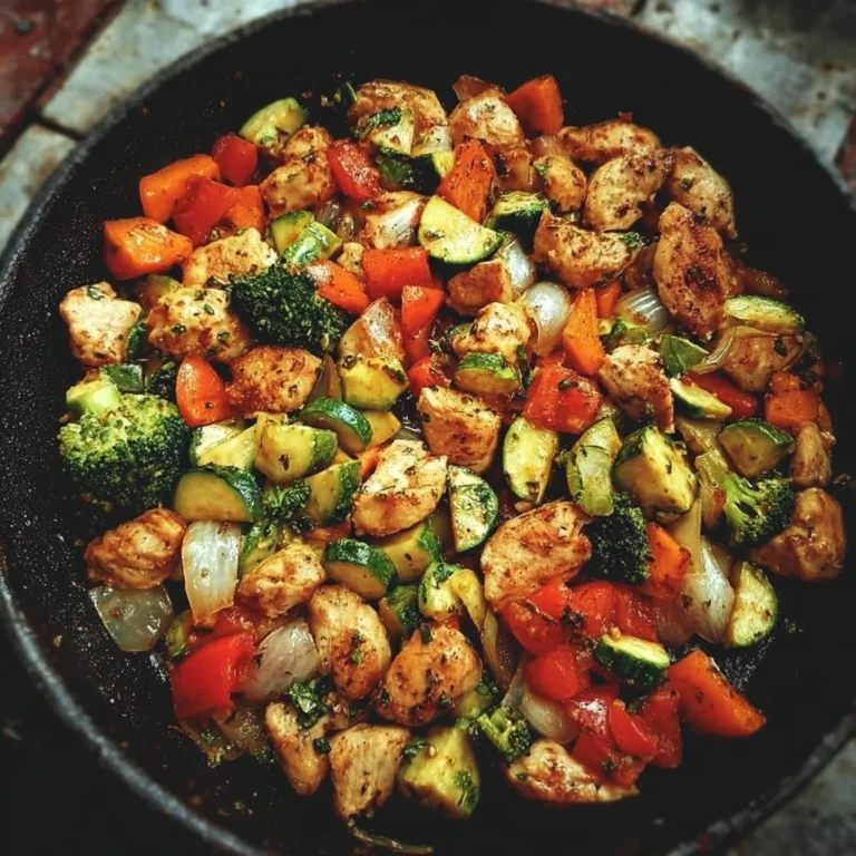 Healthy chicken and vegetables skillet dish on a plate