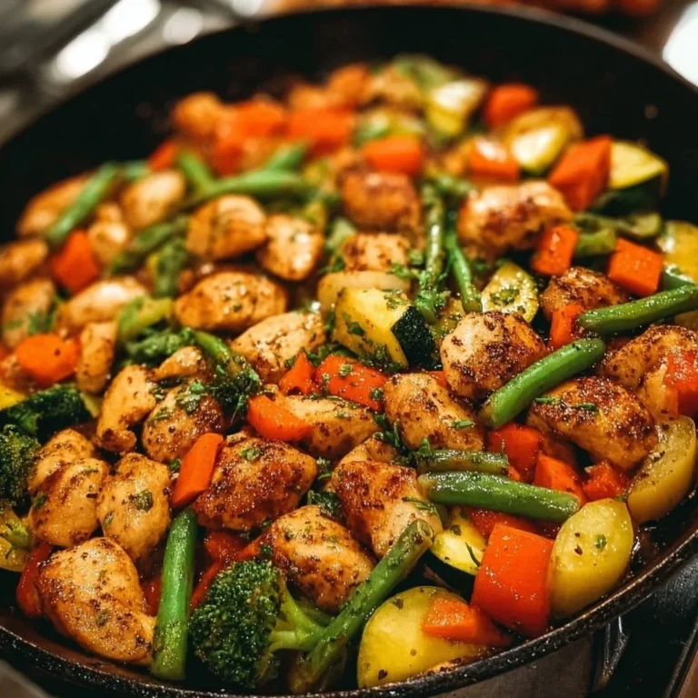 Healthy chicken and vegetables skillet dish featuring colorful mixed veggies