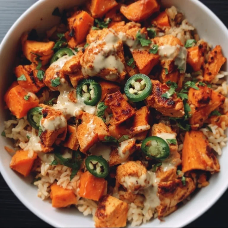 Healthy chicken rice bowl with sweet potatoes and fresh vegetables
