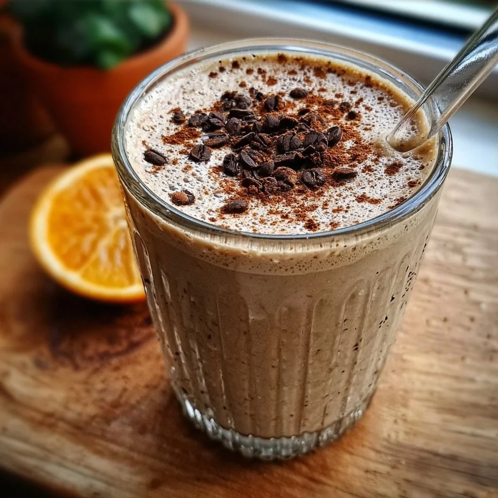 A healthy coffee smoothie topped with nuts and berries in a glass.