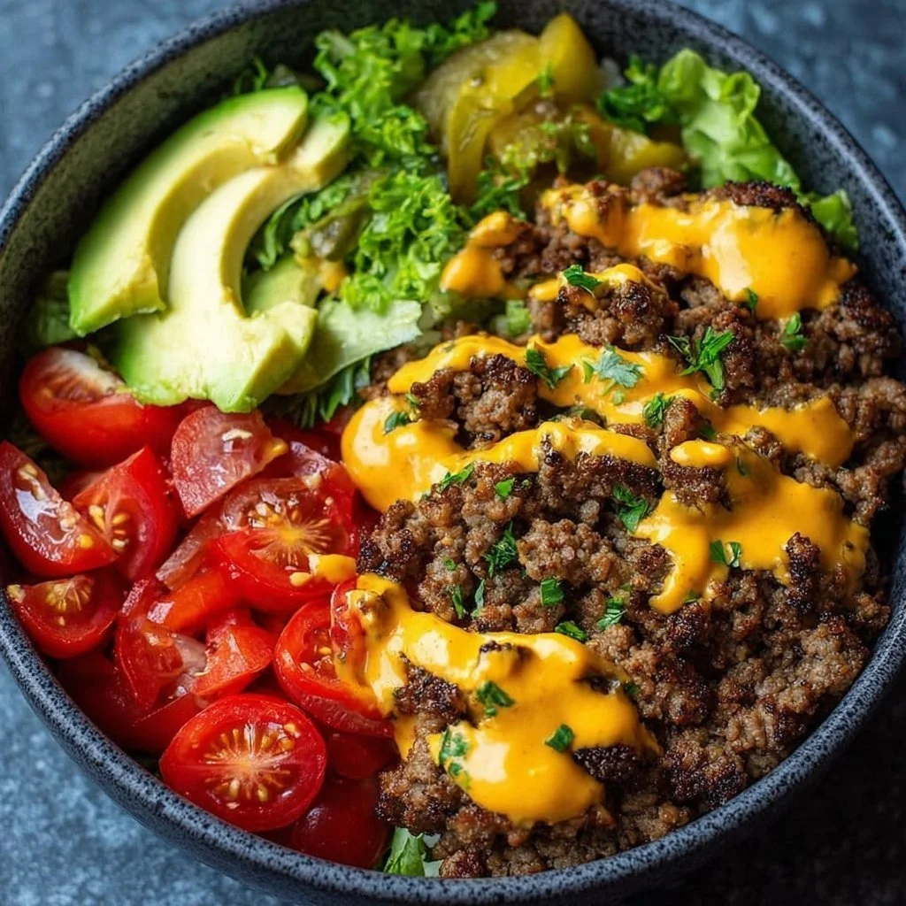 High-protein cheeseburger bowl with fresh toppings and ingredients