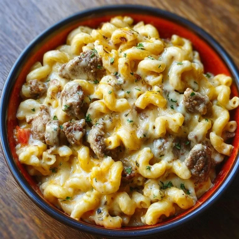 High-Protein Creamy Philly Cheesesteak Mac and Cheese served in a bowl