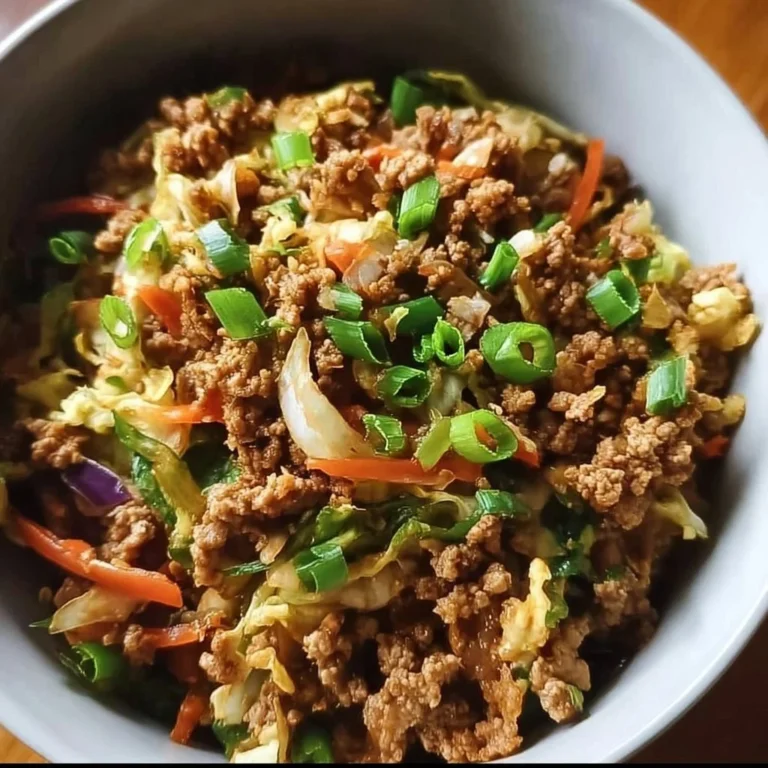 High protein egg roll bowl loaded with vegetables and savory flavors.