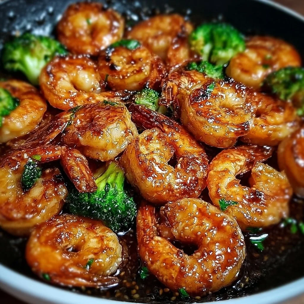 High-protein honey garlic shrimp on a plate garnished with green onions.