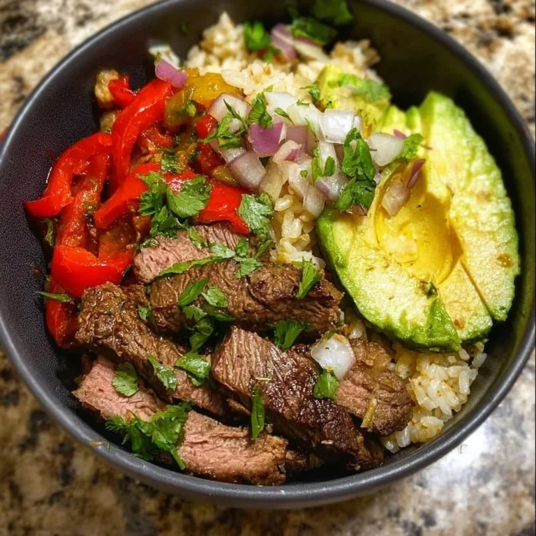 High protein steak fajita bowl with vegetables and spices