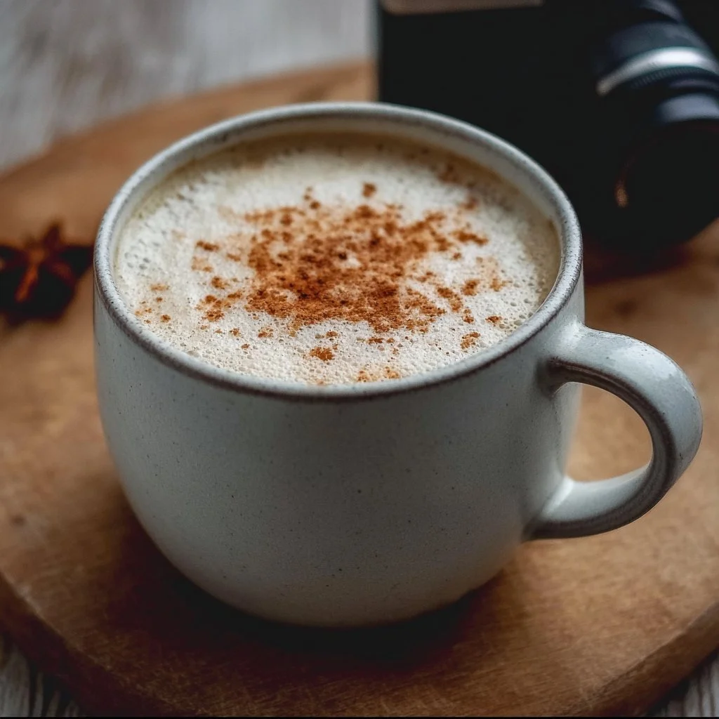 A homemade chai tea latte served in a cozy mug with spices and tea leaves