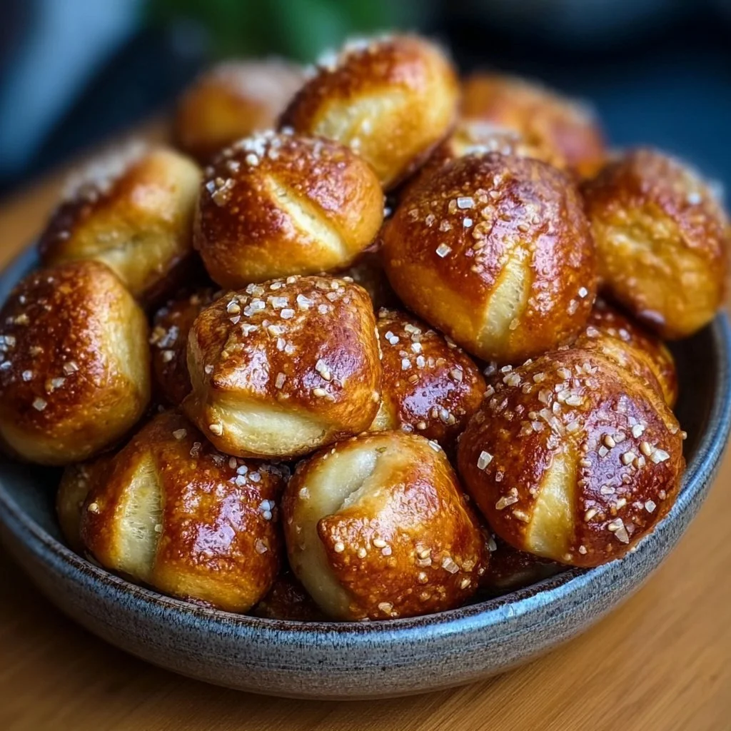 Homemade soft pretzel bites served with mustard and cheese dip