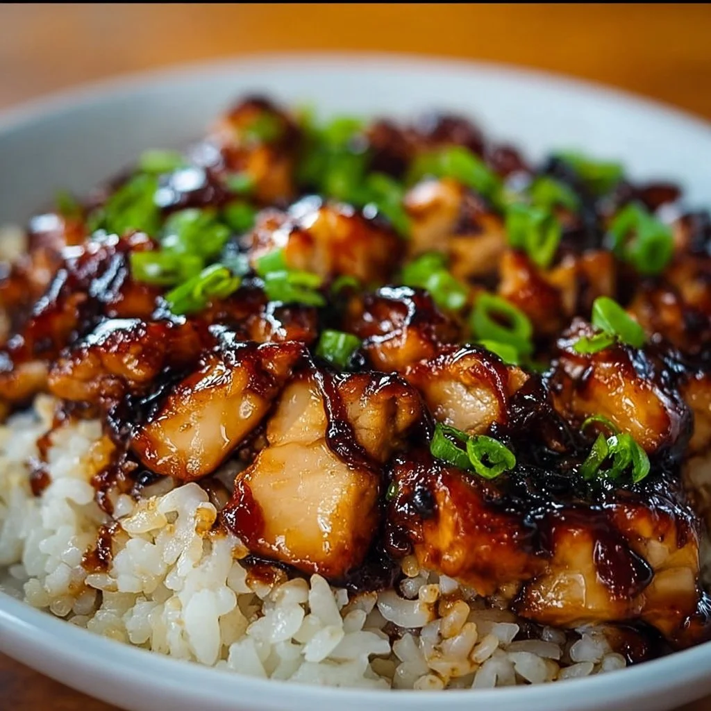 Delicious Honey BBQ Chicken served over rice, garnished with fresh herbs.