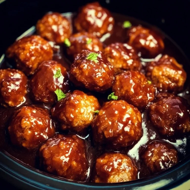 Honey BBQ crockpot meatballs served on a plate with sauce