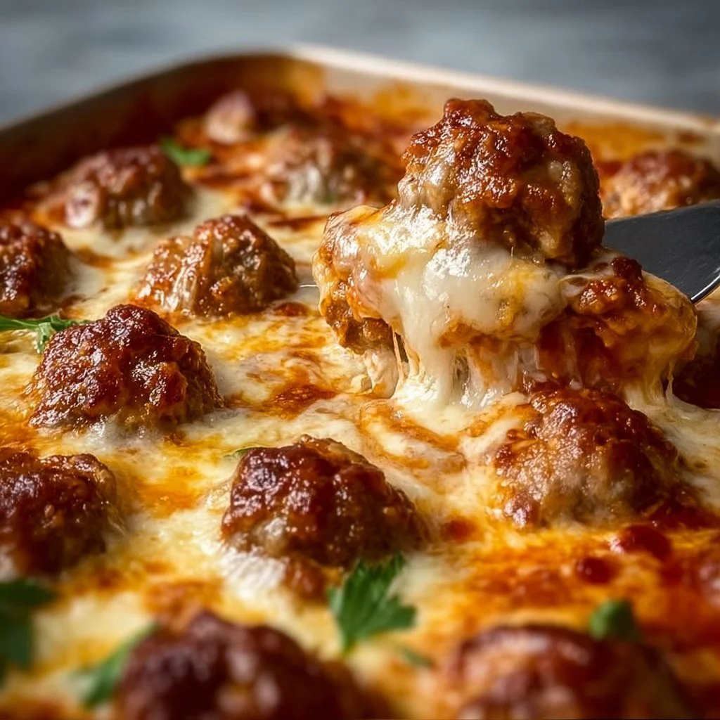 Delicious Keto Meatball Parmesan Casserole topped with cheese and herbs