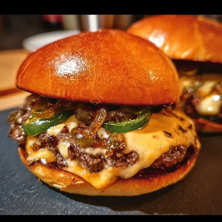 Delicious jalapeño-onion smash burger with toppings on a wooden table.
