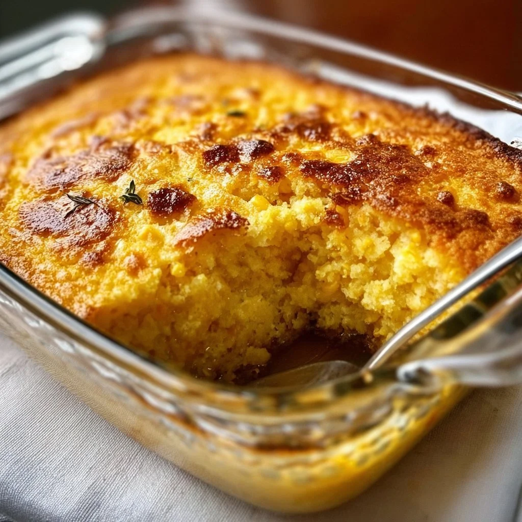 Jiffy Cornbread Casserole served in a dish with toppings and utensils