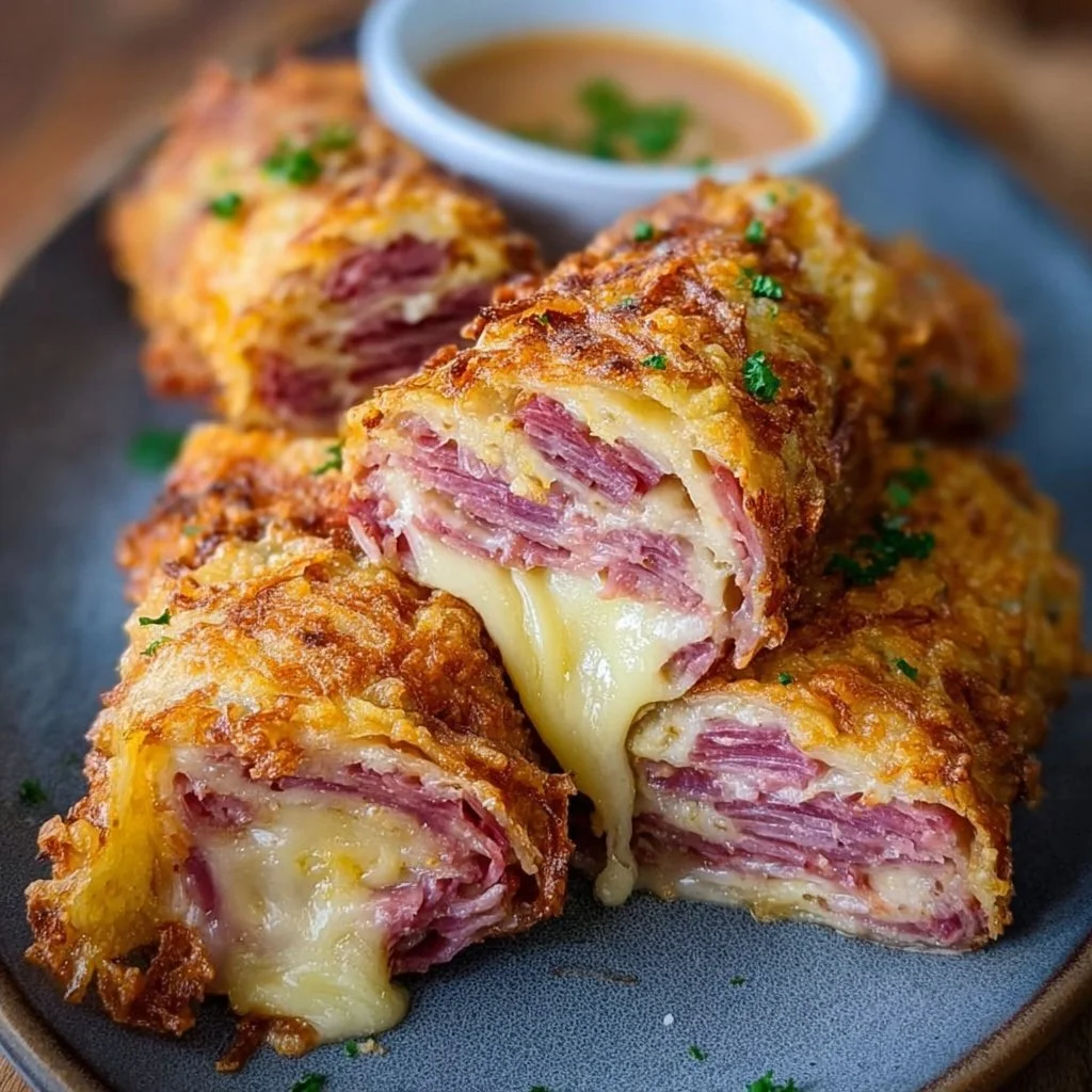 Keto Crispy Reuben Roll-Ups plated with sauce, healthy low-carb snack idea.