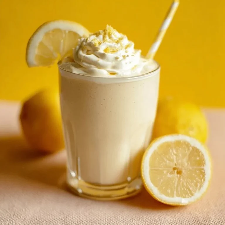 Lemon Cream Pie vegan protein shake in a glass with lemon slices and whipped cream