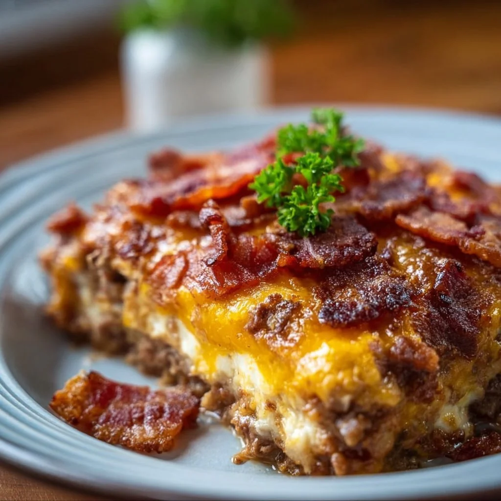 Low-carb bacon cheeseburger casserole served in a baking dish