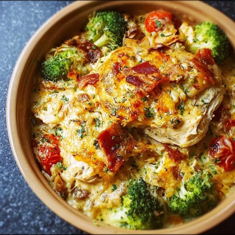 Low carb chicken casserole dish with vegetables and cheese baked to perfection