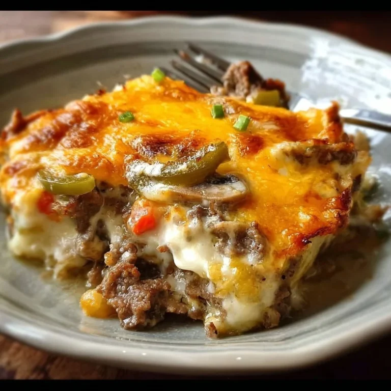 Low Carb Philly Cheesesteak Casserole topped with melted cheese and peppers