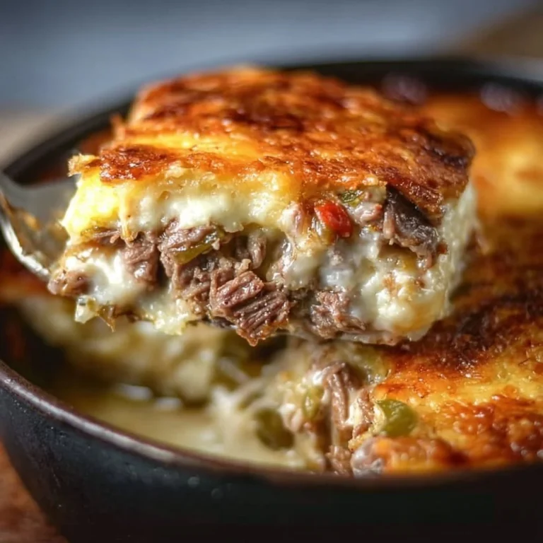 Low Carb Philly Cheesesteak Casserole dish served in a baking dish