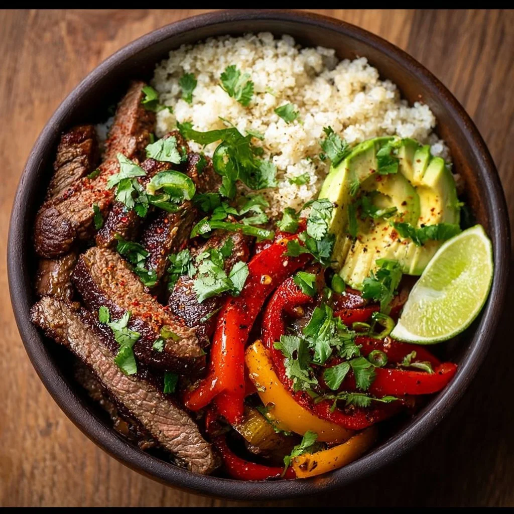 Low carb steak fajita bowl topped with colorful peppers and fresh herbs