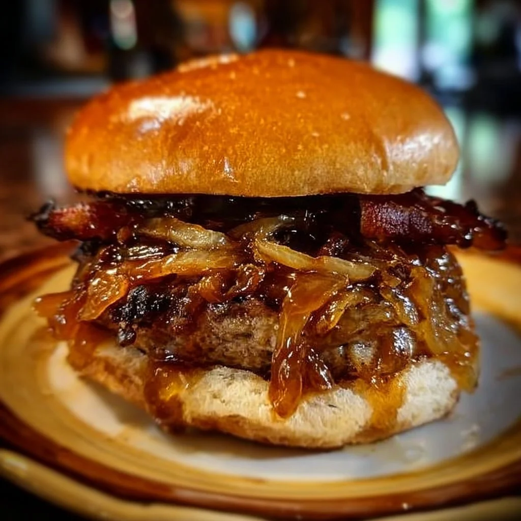 Delicious Maple Bourbon BBQ Bacon Burger with caramelized onions