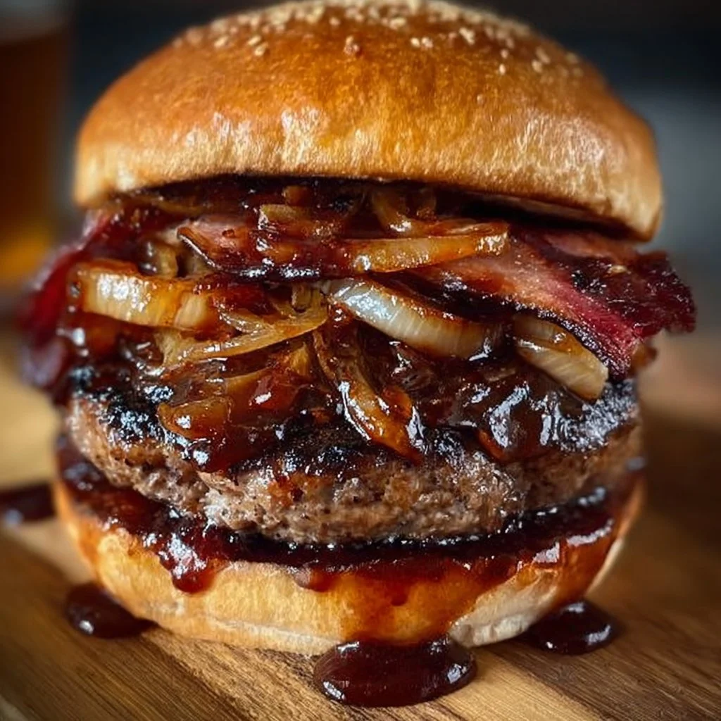 Maple Bourbon BBQ Bacon Burger with Caramelized Onions