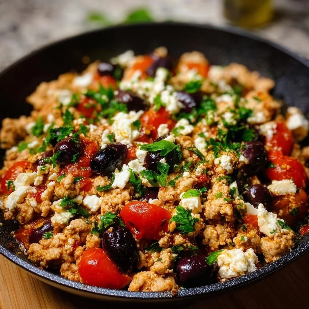 Mediterranean Keto Skillet with ground chicken, olives, and feta cheese