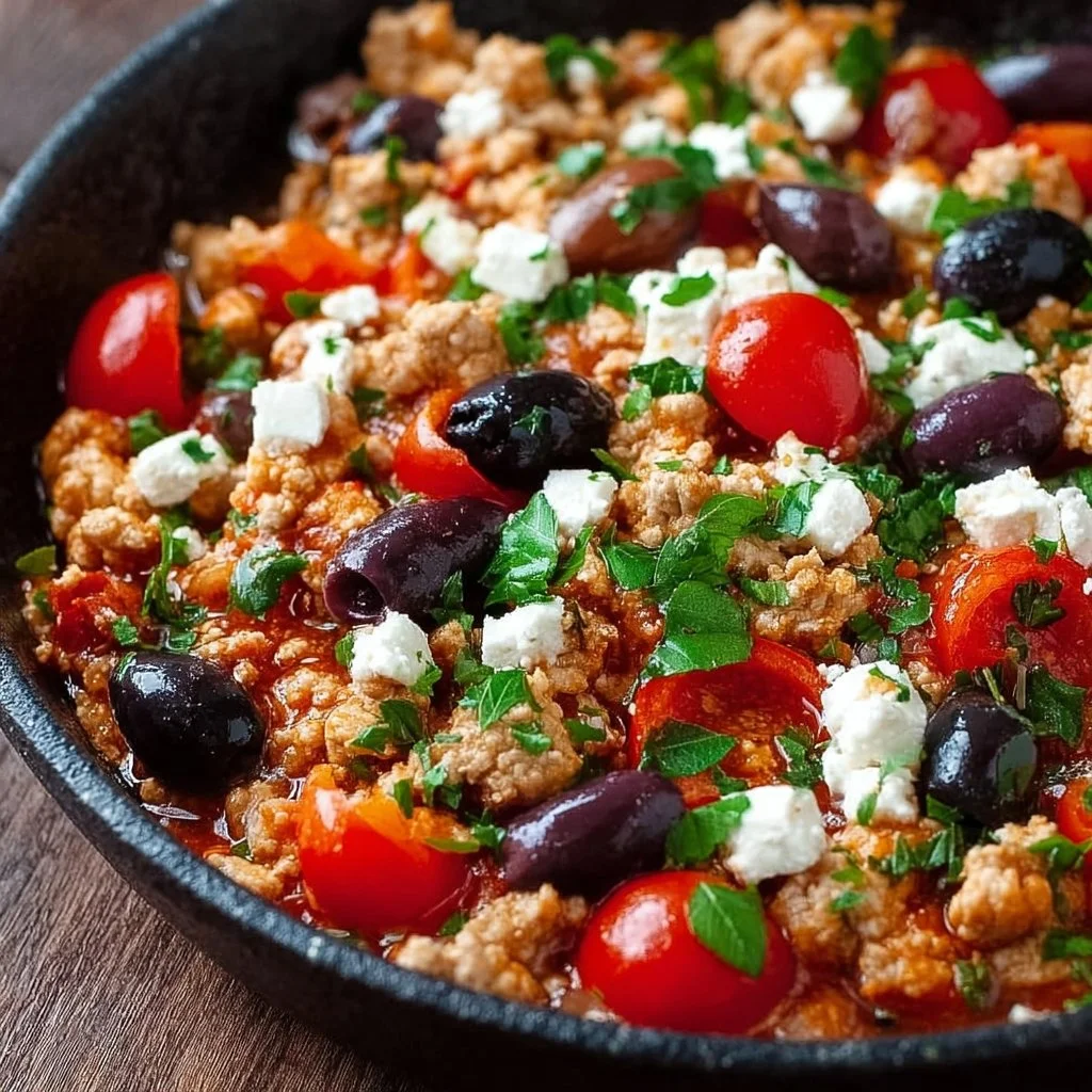 Mediterranean Keto Ground Chicken Skillet with Olives and Feta