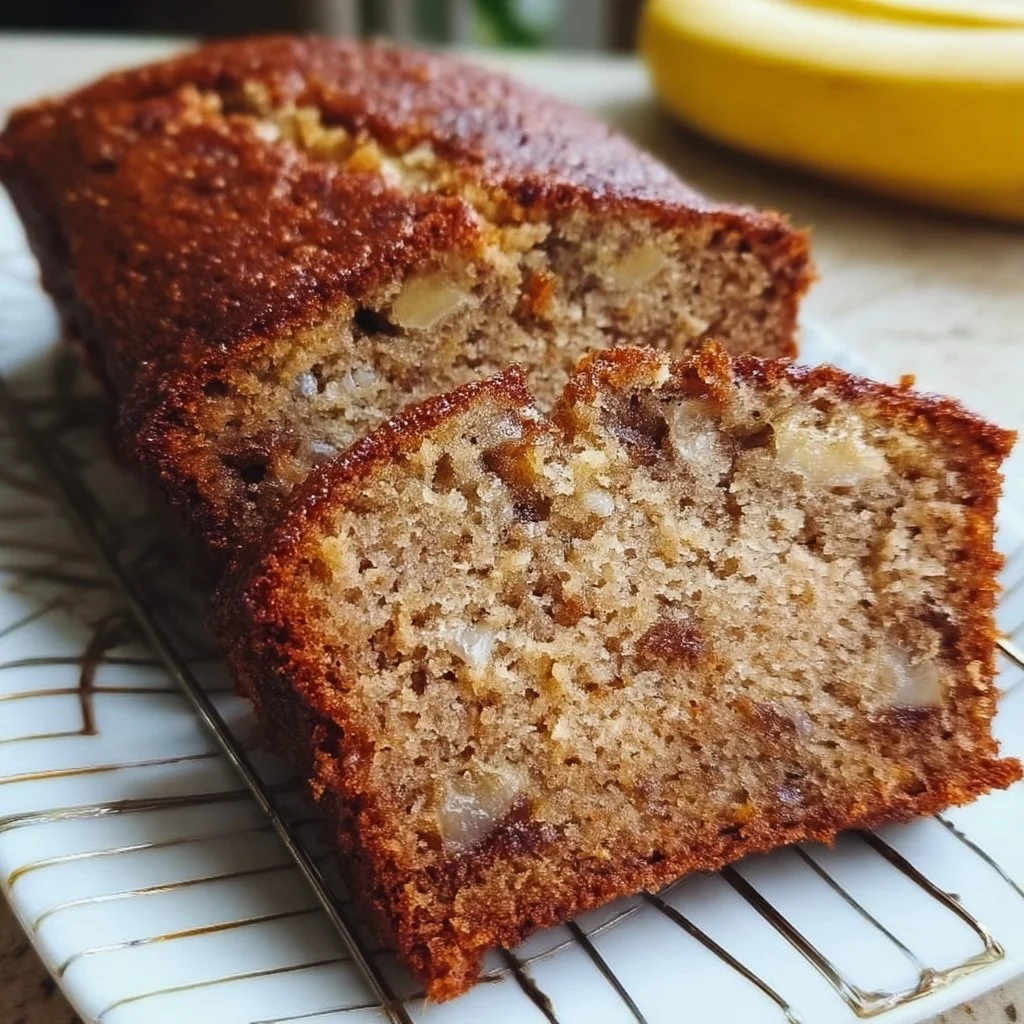 Deliciously moist banana bread loaf with ripe bananas and nuts