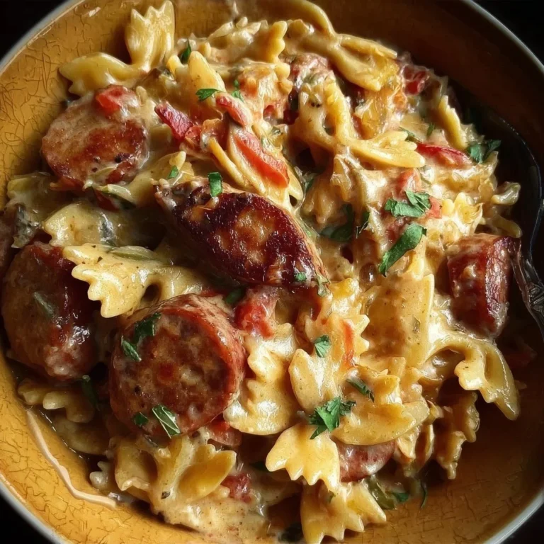 One Pot Creamy Cajun Sausage Pasta in a skillet with fresh ingredients.