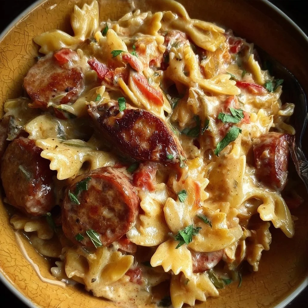 One Pot Creamy Cajun Sausage Pasta in a skillet with fresh ingredients.