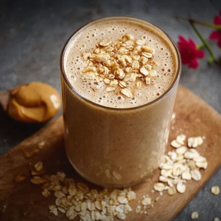 Peanut Butter Oatmeal Smoothie in a glass with oats and peanut butter