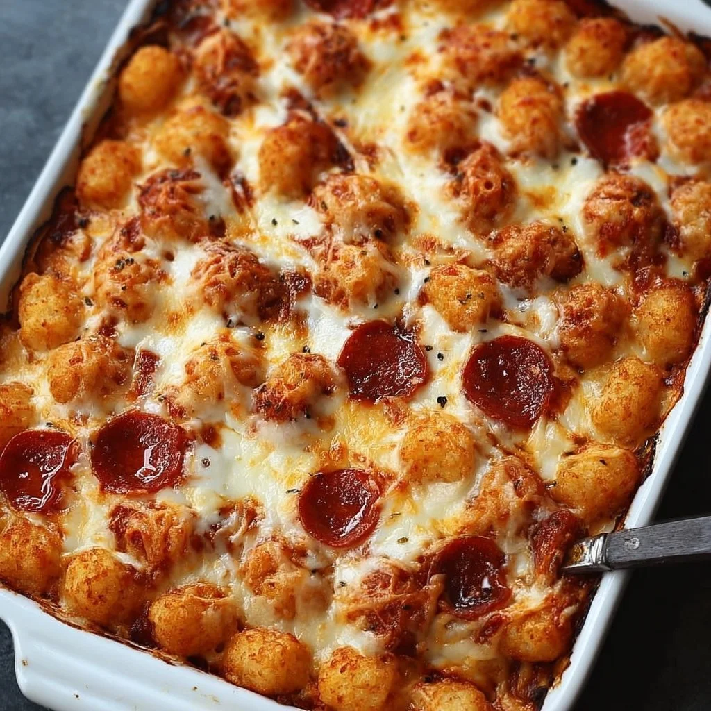 Delicious Pizza Tot Casserole with melted cheese and crispy tater tots