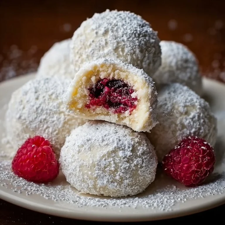 Raspberry filled almond snowball cookies on a decorative plate