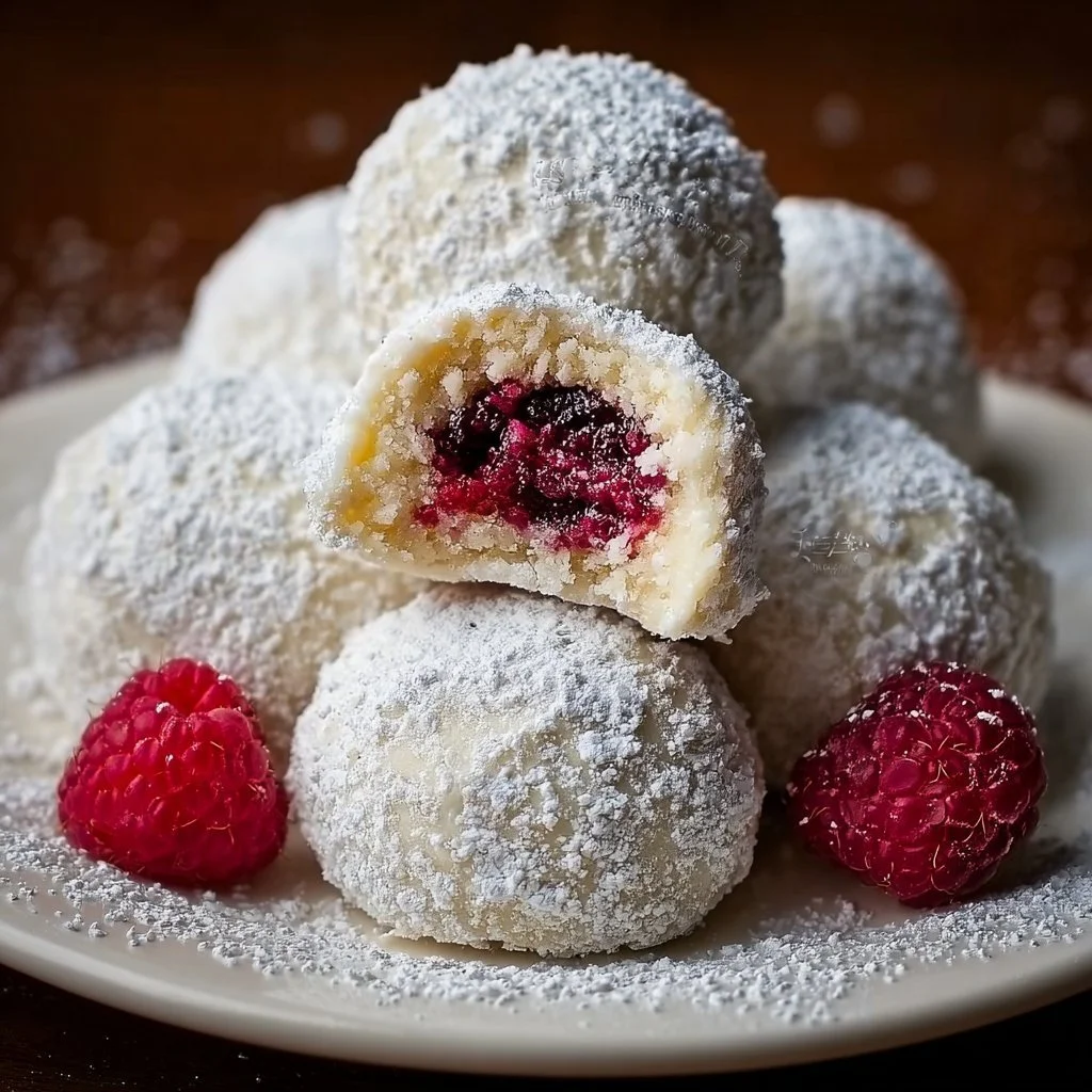 Raspberry filled almond snowball cookies on a decorative plate