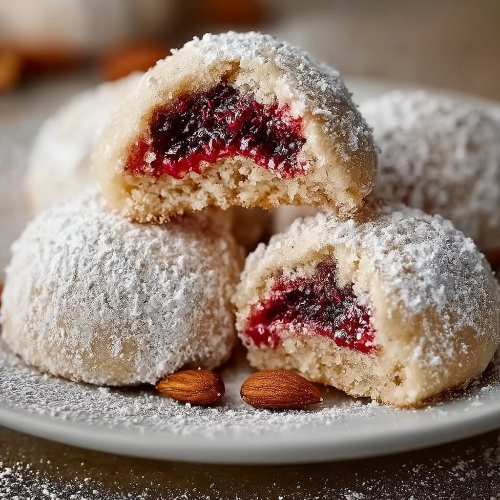 Raspberry Filled Almond Snowball Cookies