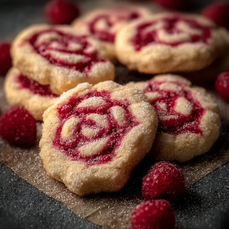 Plate of fresh baked raspberry sugar cookies with vibrant red raspberries