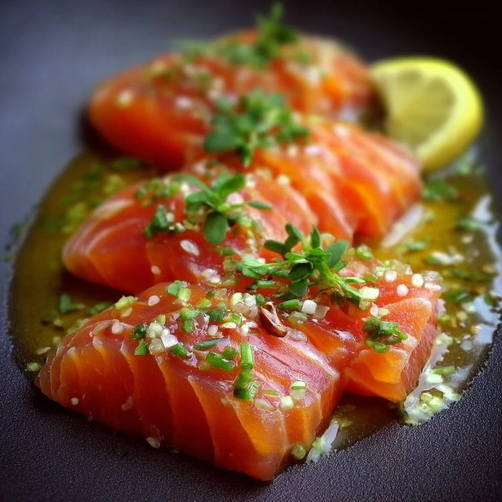 Plate of fresh raw salmon sashimi served with wasabi and soy sauce