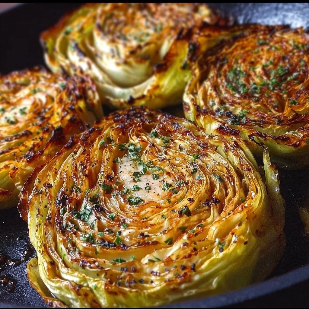 Delicious roasted cabbage steaks served with seasoning and herbs.