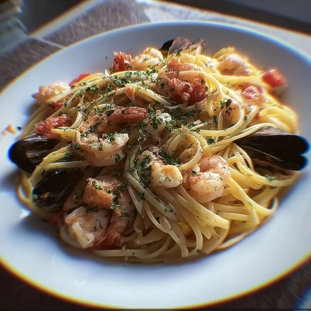Delicious seafood pasta served with fresh ingredients and herbs