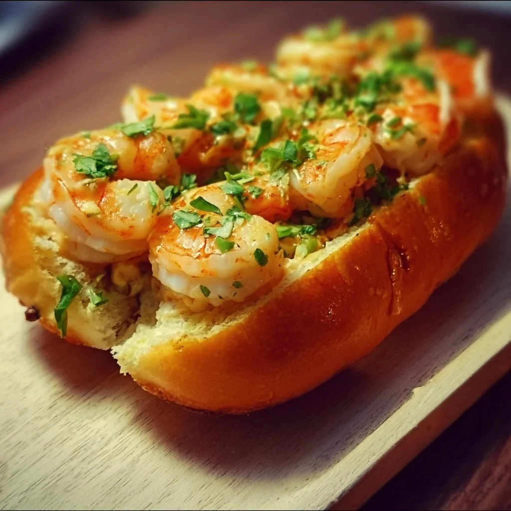 Delicious shrimp roll topped with herbs and served in a soft bun