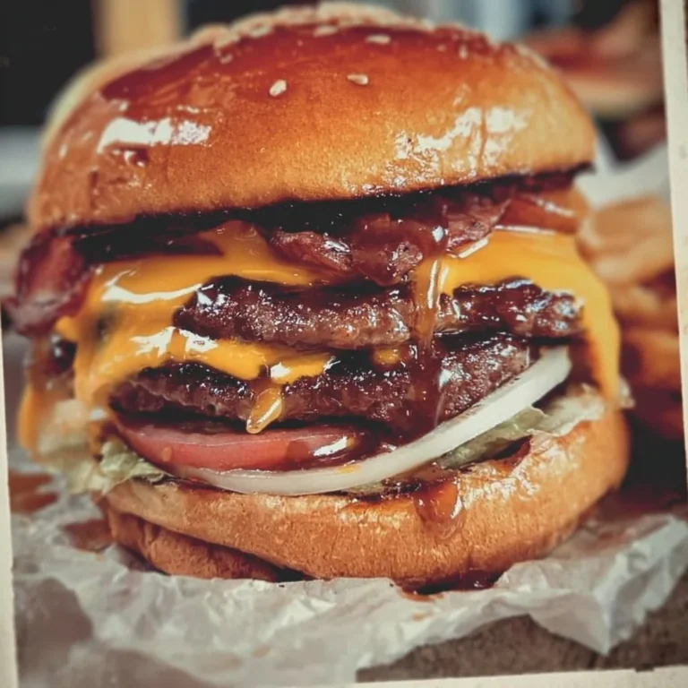 Juicy smash burger with fresh toppings on a wooden board