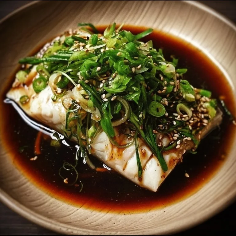 Delicious steamed fish with ginger and soy sauce served on a plate