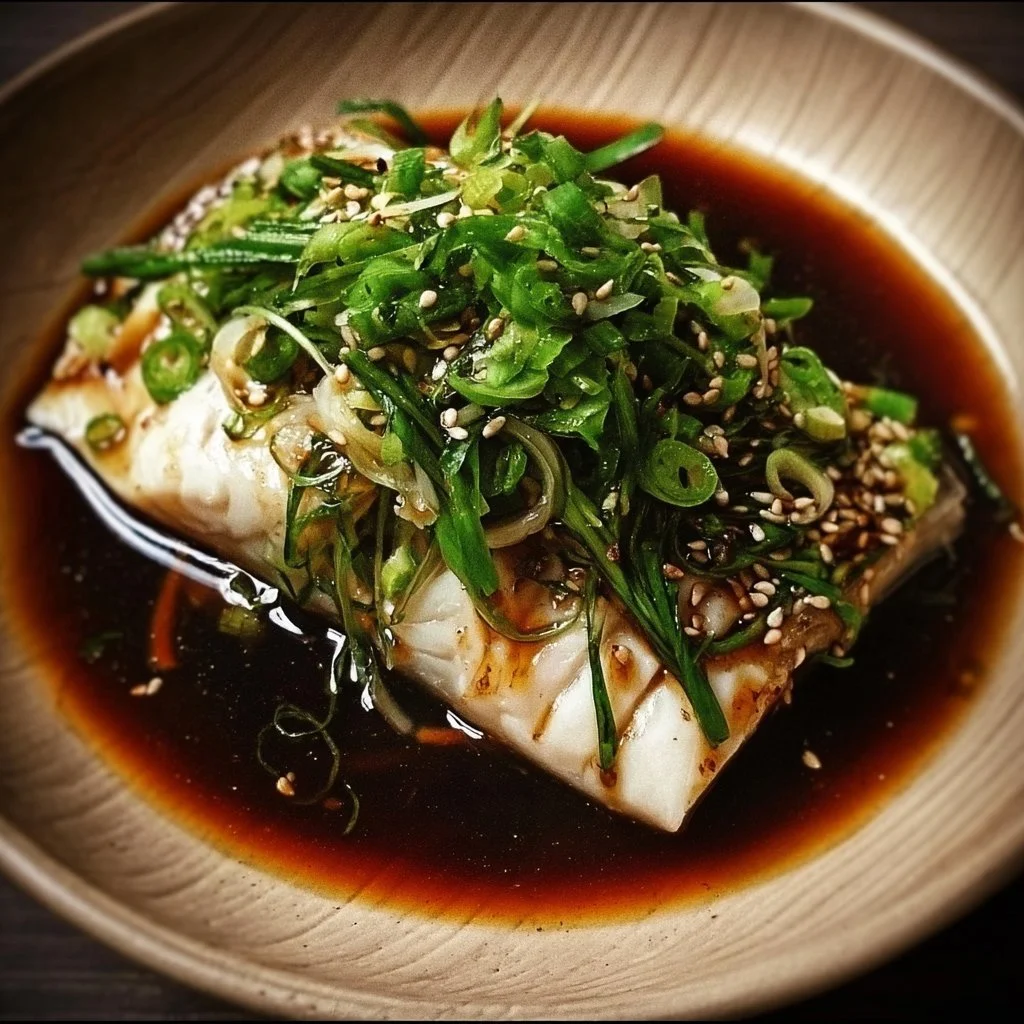 Delicious steamed fish with ginger and soy sauce served on a plate
