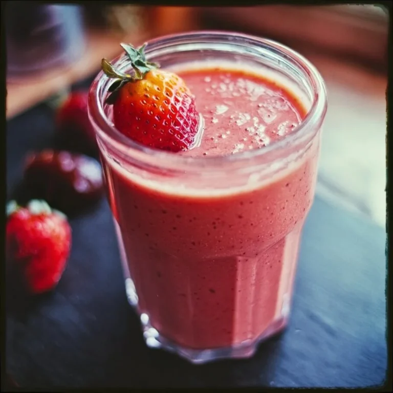 Strawberry date smoothie in a glass with fresh strawberries and dates around it