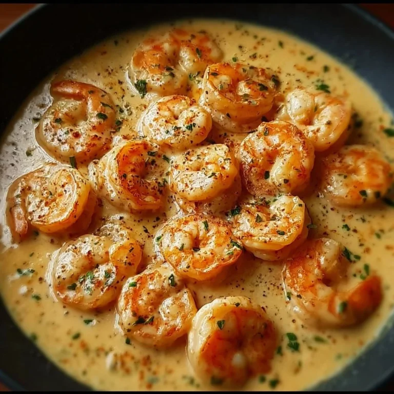 Plate of succulent shrimp in a rich cream sauce served with herbs