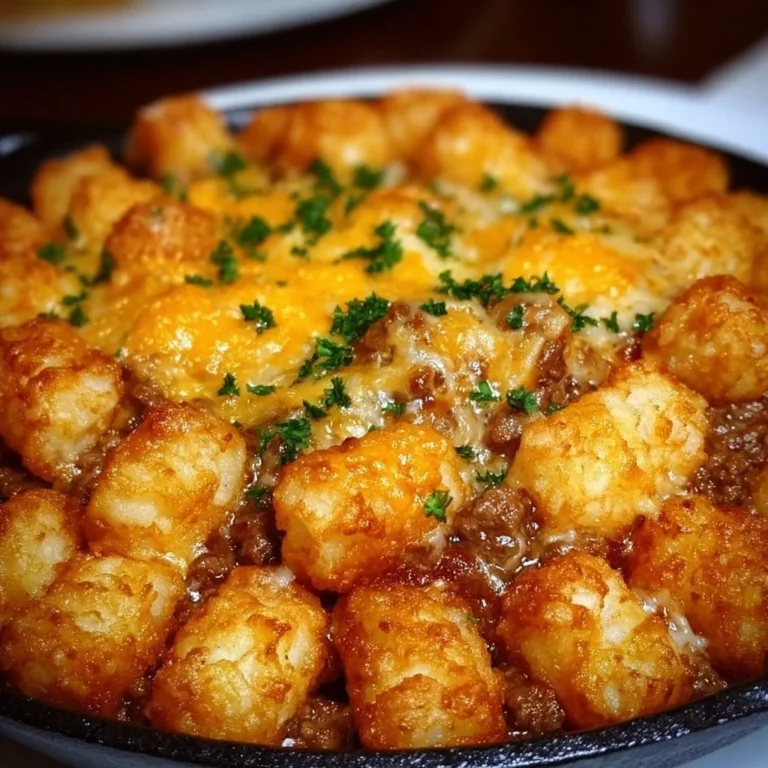 Delicious Tater Tot Casserole topped with golden crispy Tater Tots and ground beef