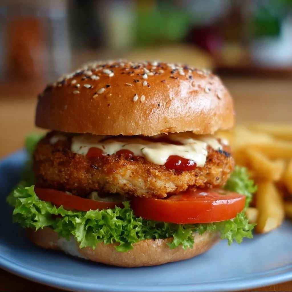 Juicy chicken burger with fresh toppings and a toasted bun