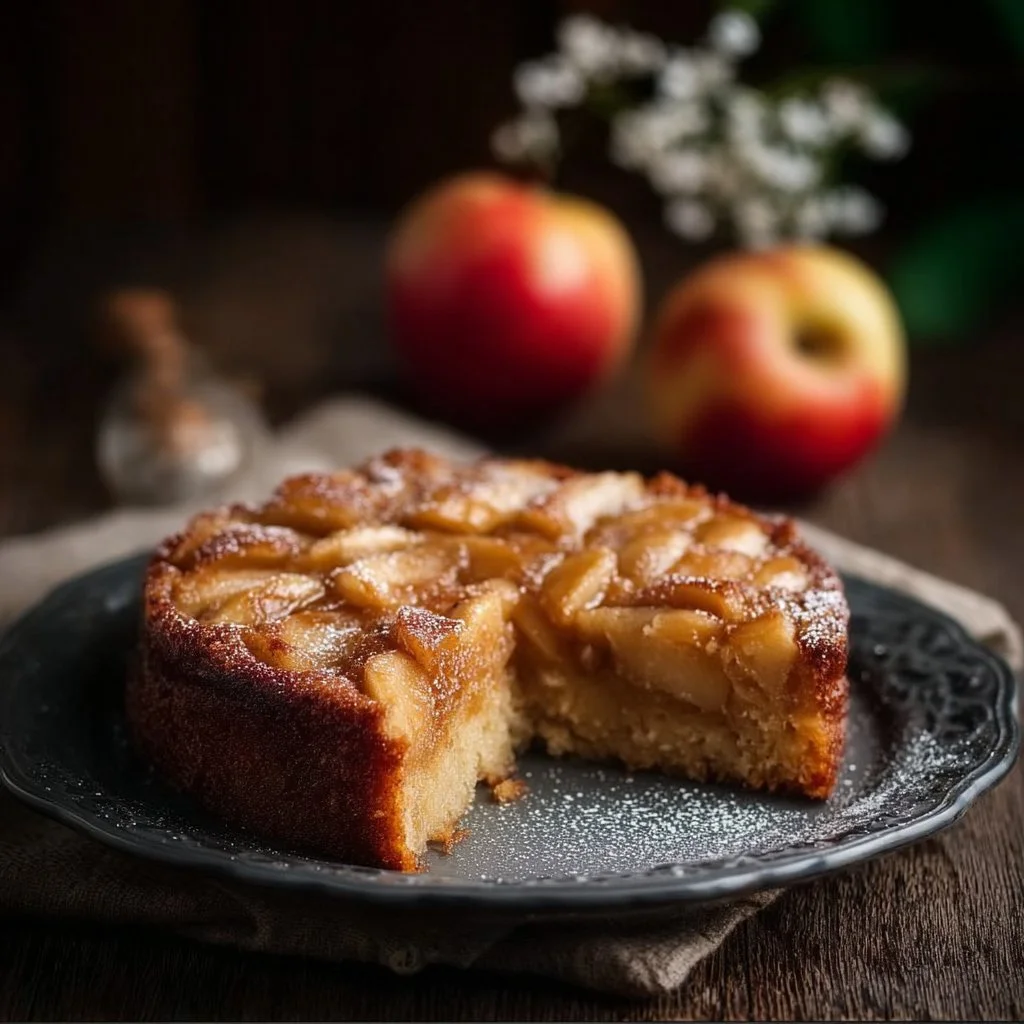 Delicious three ingredient apple cake with fresh apples on a plate
